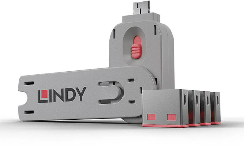Adaptor Lindy Dispozitiv blocare port USB tip A, 4 bucati + cheie, roz