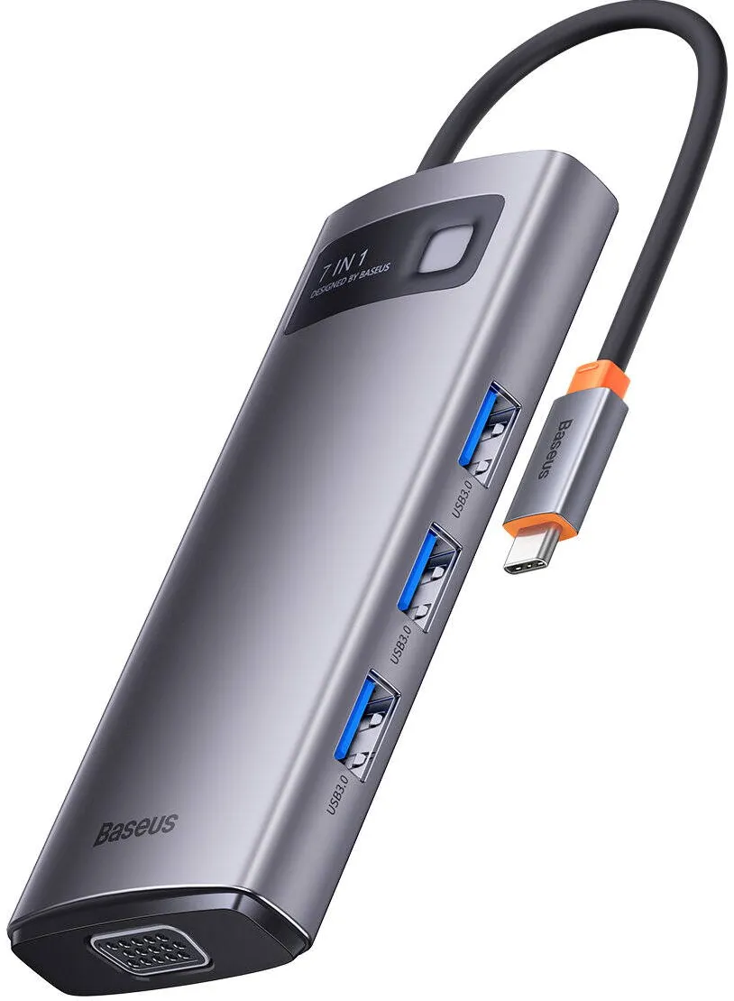 Docking Station Baseus Metal Gleam Series 7 in 1 USB Type C - 1 x HDMI / 1 x VGA / 3 x USB 3.2 Gen. 1/1 x Power Delivery / 1 x RJ-45 Ethernet Gray