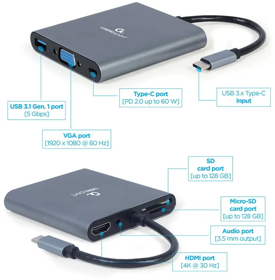 Docking Station Gembird USB-C Hub HDMI USB-C PD VGA USB 3.0 Audio Card