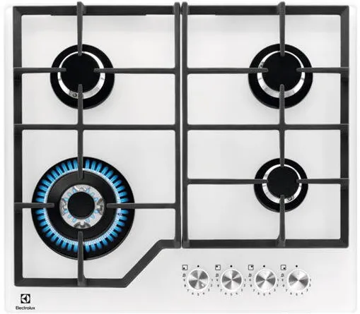 Plita ELECTROLUX incorporabila KGG64362W, Gaz, 4 arzatoare, Arzator Wok, Aprindere electrica integrata, Gratare fonta, 60 cm, Alb