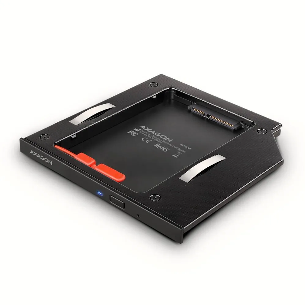 Enclosure AXAGON RSS-CD09 2.5" SSD/HDD caddy into DVD slot, 9.5 mm, LED, ALU