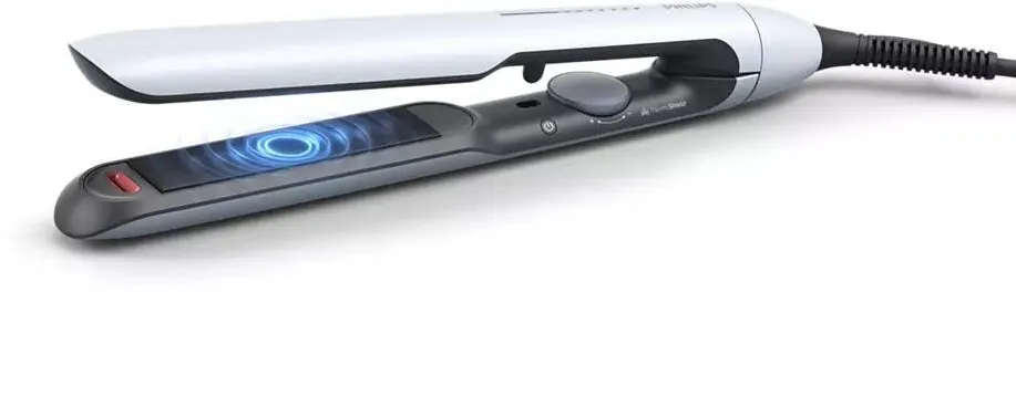 Philips Placa de indreptat parul Prestige BHS520/00, tehnologie ThermoShield, placi infuzate cu ulei de argan, 230°C, ingrijire ioni, 12 setari temperatura, husa termorezistenta, Albastru deschis