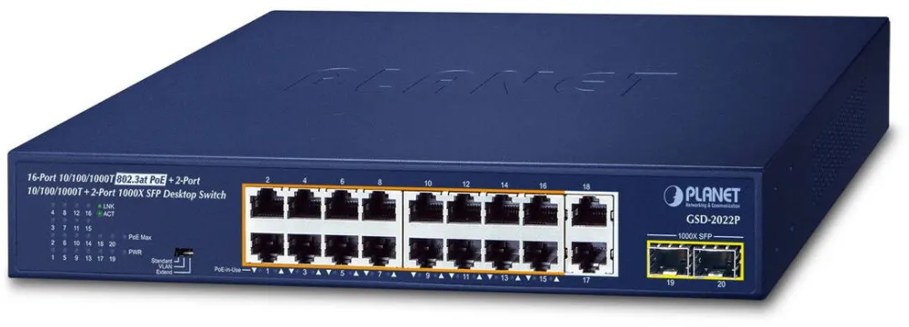 Switch Planet 16-Port GE 802.3at + 2-Port GE + 2-Port 1000X SFP
