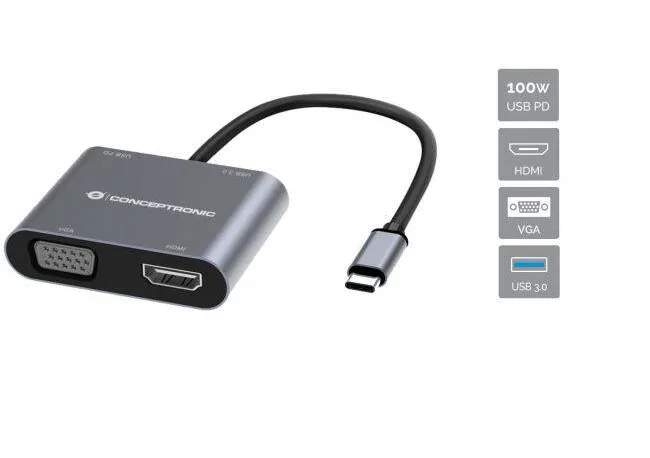 Docking Station CONCEPTRONIC USB-C->HDMI,VGA,USB3.0,100WPD     0.15m gr