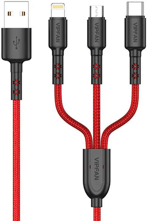 Cablu de Date Vipfan 3-in-1 USB-C / Lightning / Micro 3.5A 1.5m USB X02 (Rosu)