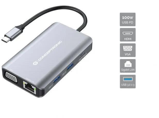 Docking Station CONCEPTRONIC USB-C->HDMI,VGA,GbE,3xUSB3.0,100WPD 0.25m