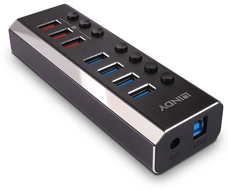 Hub USB Lindy 43371, 4 porturi USB 3.0 + 3 porturi USB Quick Charge 3.0