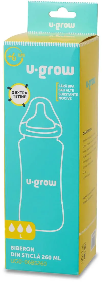 U-GROW Biberon de sticla 260 ml+2 tetine extra