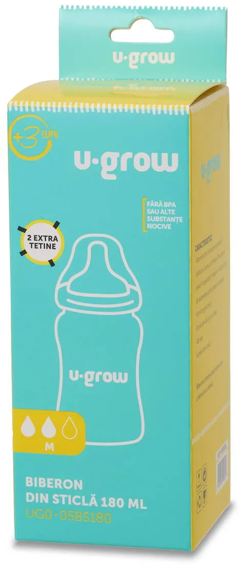 U-GROW Biberon de sticla180 ml+2 tetine extra
