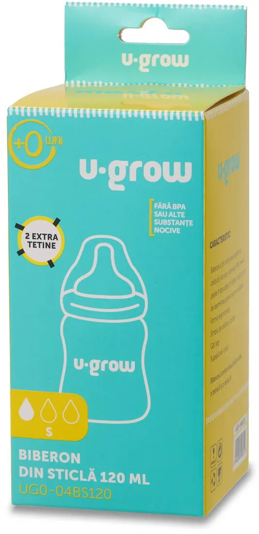 U-GROW Biberon de sticla 120 ml+2 tetine extra