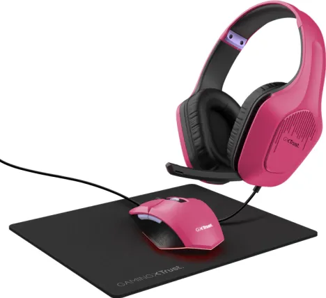 Kit Periferice TRUST GXT790P TRIDOX 3-IN-1 - Mouse Optic, USB, Pink + Casti cu microfon, USB, Pink + Mouse Pad, Black