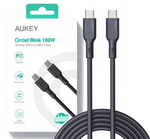 Cablu Date Aukey CB-SCC101 USB-C Type-C Power Delivery PD 100W 5A 1m Silikon Black