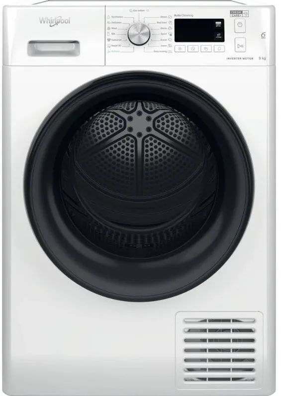 WHIRLPOOL Uscator de rufe FreshCare+ FFTM119X2BYEE, Pompa de caldura, 9 kg, Clasa E, Autocuratare filtru, Inverter, 6th Sense, Display, Alb
