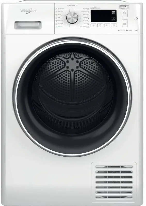 WHIRLPOOL Uscator de rufe FFTM119X3BXYEE, pompa de caldura, 9 kg, clasa C, FreshCare+, Autocuratare filtru, Inverter, 6th Sense, Display, Alb