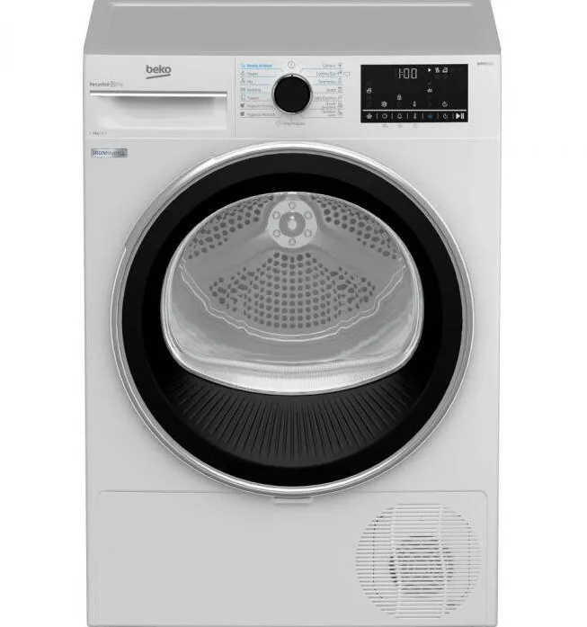 BEKO Uscator de rufe Beko BM5T49243W, Pompa de caldura, 9 kg, Clasa C, ProSmart Inverter, IronFinish, Eco Gentle, AquaWave, Iluminare LED, Alb