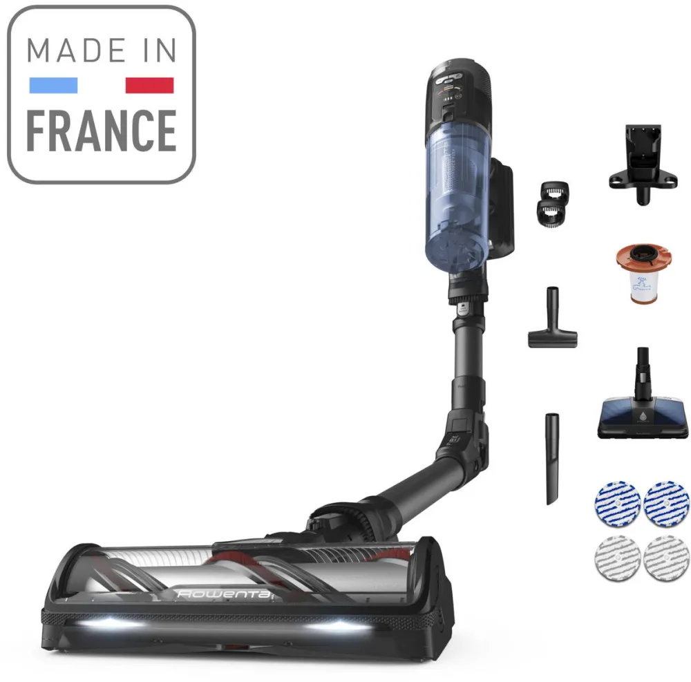 Aspirator ROWENTA vertical fara fir X-Force Flex 12.60 NEO RH9LC1WO cu mop, 380W, 25.9V, autonomie 60 minute, filtrare 99%, recipient praf 0.65 L, tub flexibil, perie cu LED, Control Display, statie de incarcare cu suport accesorii, albastru & negru