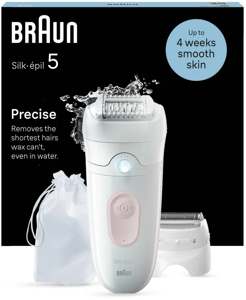 BRAUN Epilator Silk-épil 5 5-030 Wet & Dry, MicroGrip, Smart Light, 28 de pensete, 2 viteze, Cap de ras + Pieptene, Saculet de voiaj, Alb/Flamingo