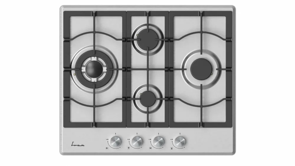 Plita FRAM incorporabila FBH-M4IWF-SS, Gaz, 4 arzatoare, Gratar fonta, Wok, Aprindere electrica, Dispozitiv de siguranta, 60 cm, Inox