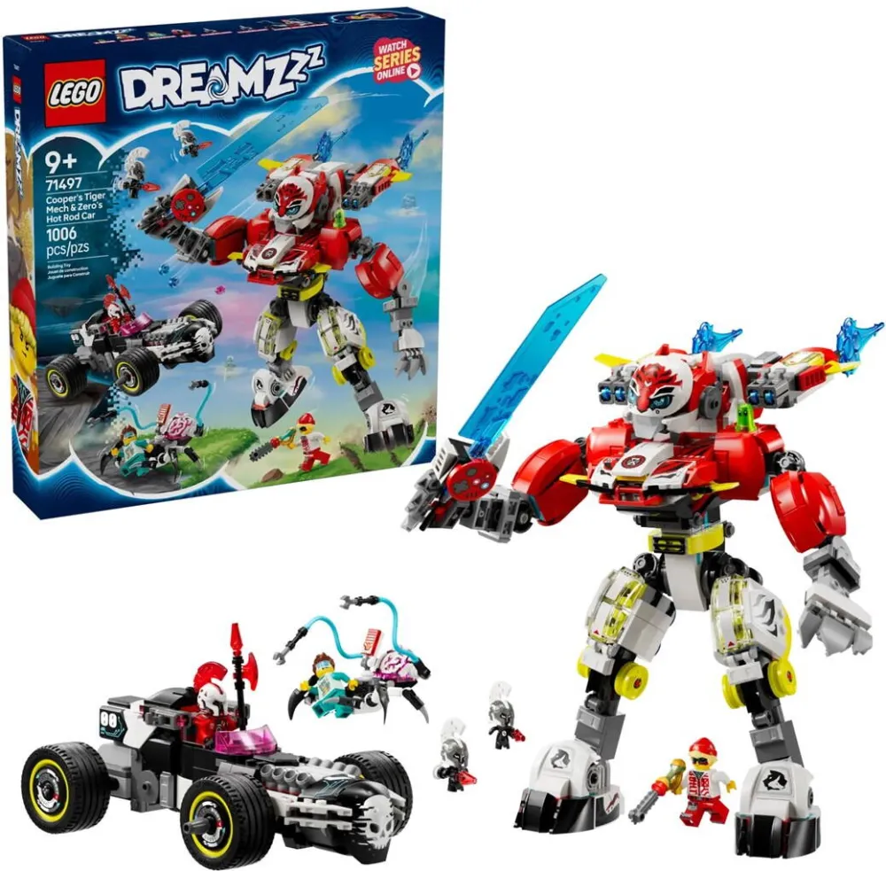 LEGO DREAMZZZ 71497 Cooper's Tiger Mech and Zero's Hot Rod Car