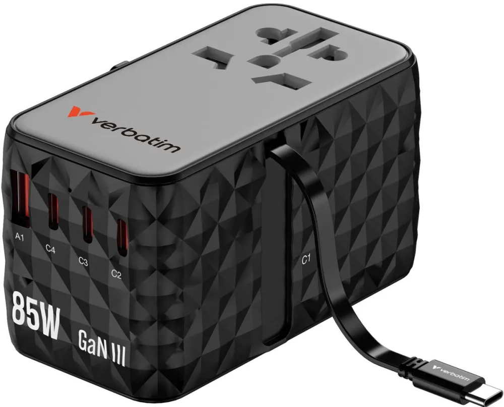 Adaptor VERBATIM Adaptor universal Verbatim GaN III, Travel, 85WGaN3, 4xUSB-C PD & QC 4+ & 1 x USB-A QC ports