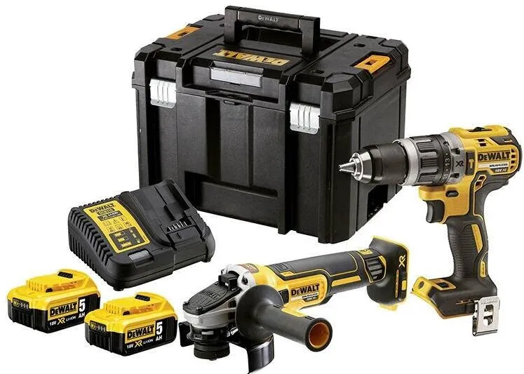 DeWalt Set 2 scule profesionale pe acumulator DCK2020P2T, 18V, motor fara perii, include: masina de gaurit DCD791, polizor unghiular DCG405 si 2x acumulator 5 Ah Li-Ion, incarcator rapid, cutie transport TSTAK
