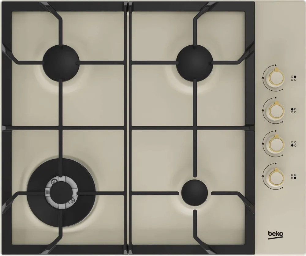 Plita BEKO incorporabila HIGG64125SCR, 4 arzatoare, 3 + 1 wok, Siguranta plita, Aprindere integrata, 60 cm, Crem