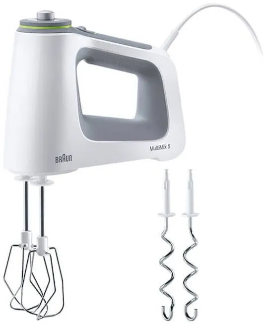 BRAUN Mixer de mana HM5100WH, 750 W, 9 viteze + Turbo, 2 palete, 2 carlige pentru aluat, Alb/Gri