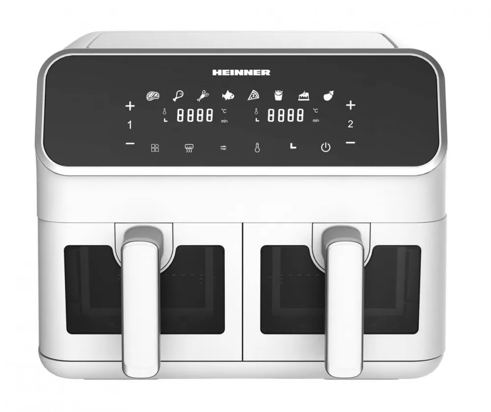 HEINNER Friteuza dubla cu aer cald HAF-H8DB17WH, 8 l, 1700 W, 8 programe, Temperatura reglabila 80-200 C, Ferestre supraveghere, Alb