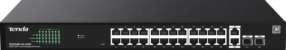 Switch Tenda PoE cloud managed, 26 GE+2 SFP porturi Gigabit, buget PoE 410W, metalic