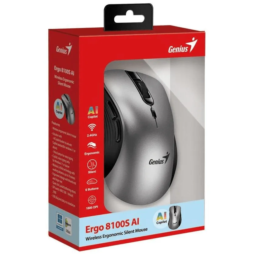 Mouse GENIUS MOUSE Genius,  Ergo "NX-8100S AI", PC sau NB, wireless, 2.4GHz, optic, 1600 dpi, butoane/scroll 6/1, , gri-argintiu, "31030040404" (timbru verde 0.18 lei)