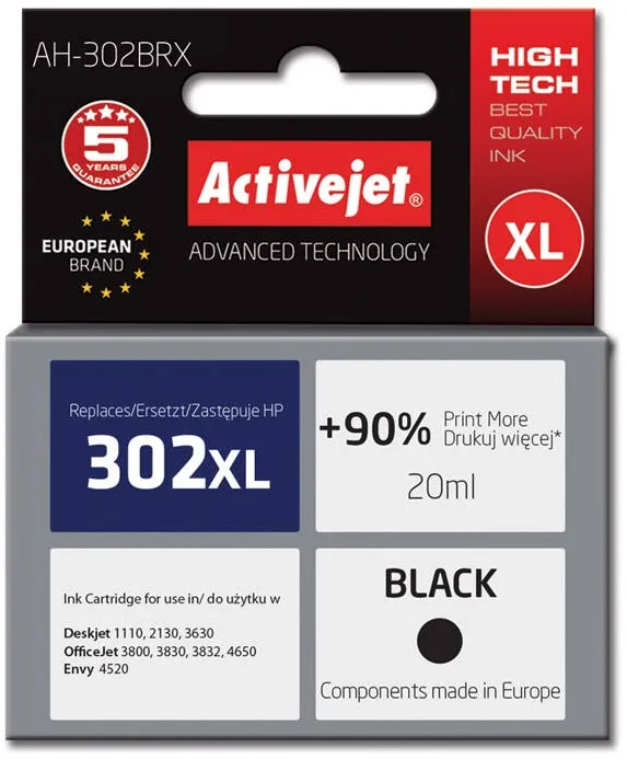 Cartus Imprimanta ACTIVEJET COMPATIBIL AH-302BRX for HP printer; HP 302XL F6U68AE replacement; Premium; 20 ml; black