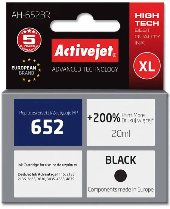Cartus Imprimanta ACTIVEJET COMPATIBIL AH-652BR for HP printer; HP 652 F6V25AE replacement; Premium; 20 ml; black