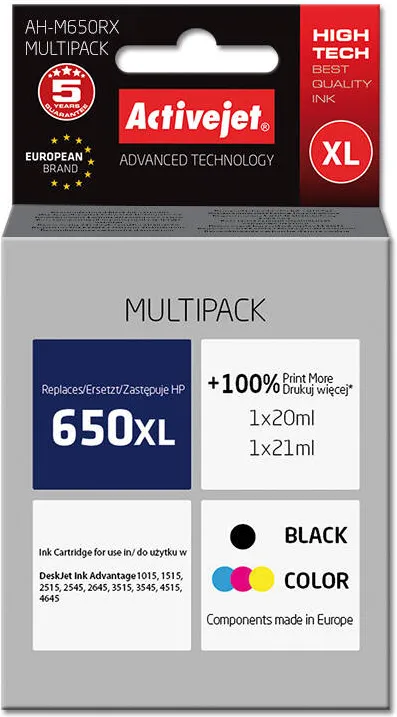 Cartus Imprimanta ACTIVEJET COMPATIBIL AH-650RX for HP printer; HP 650 CZ102AE replacement; Premium; 1 x 20 ml, 1 x 21 ml; black, color
