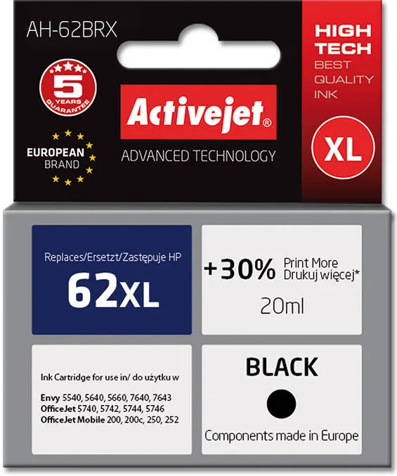 Cartus Imprimanta ACTIVEJET COMPATIBIL AH-62BRX for HP printer; HP 62XL C2P05AE replacement; Premium; 20 ml; black