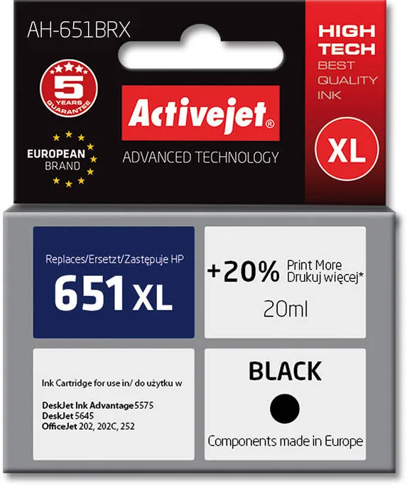 Cartus Imprimanta ACTIVEJET COMPATIBIL AH-651BRX for HP printer; HP 651 C2P10AE replacement; Premium; 20 ml; black