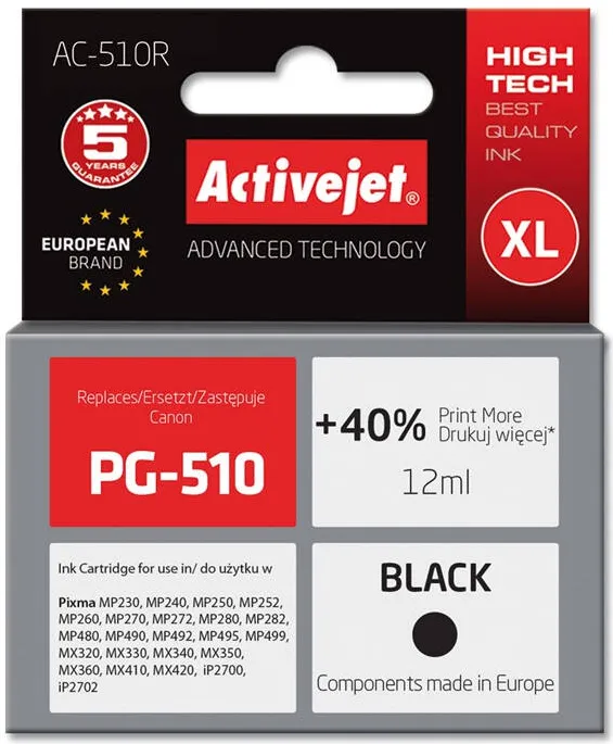 Cartus Imprimanta ACTIVEJET COMPATIBIL AC-510R for Canon printer; Canon PG-510 replacement; Premium; 12 ml; black
