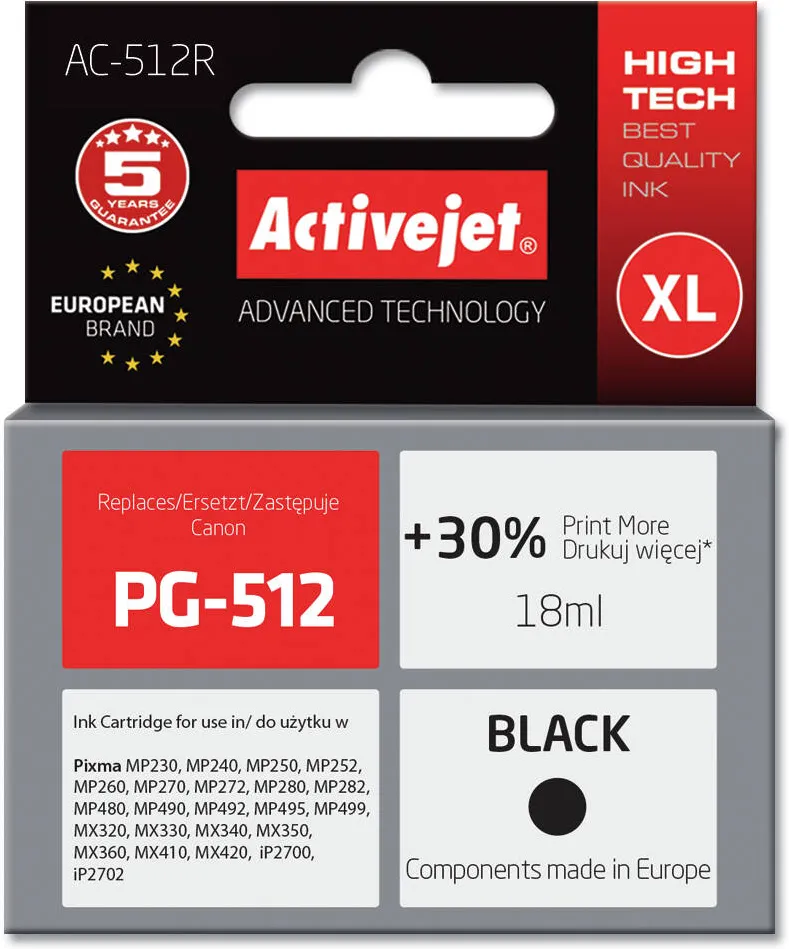 Cartus Imprimanta ACTIVEJET COMPATIBIL AC-512R for Canon printer; Canon PG-512 replacement; Premium; 18 ml; black