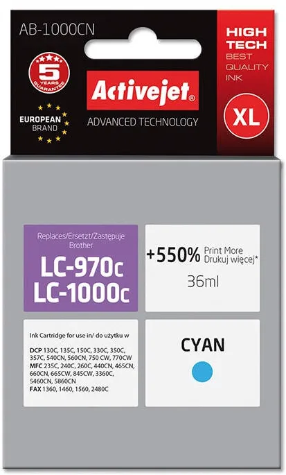 Cartus Imprimanta ACTIVEJET COMPATIBIL AB-1000CN for Brother printer; Brother LC1000/LC970C replacement; 35 ml; cyan