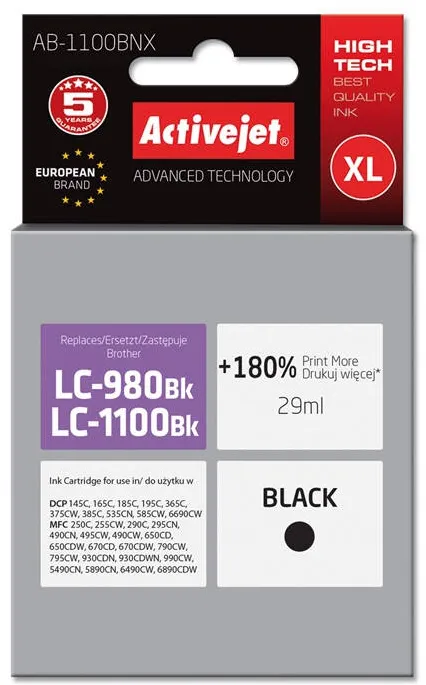 Cartus Imprimanta ACTIVEJET COMPATIBIL AB-1100BNX for Brother printer; Brother LC1100/LC980Bk replacement; Supreme; 29 ml; black