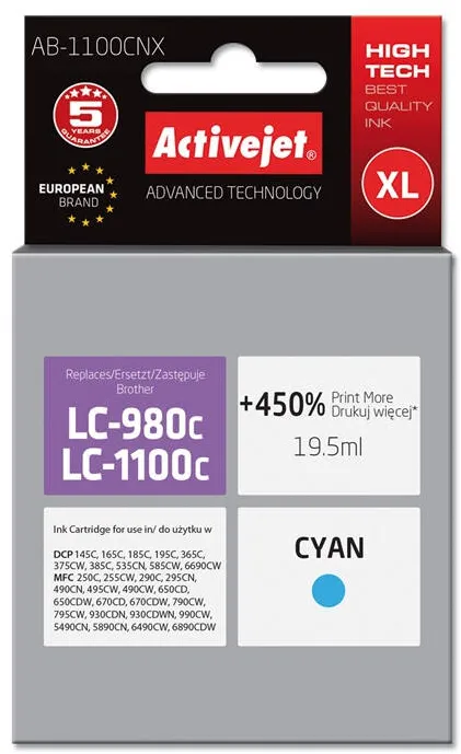 Cartus Imprimanta ACTIVEJET COMPATIBIL AB-1100CNX for Brother printer; Brother LC1100/LC980C replacement; Supreme; 19.5 ml; cyan