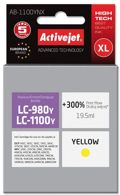 Cartus Imprimanta ACTIVEJET COMPATIBIL AB-1100YNX for Brother printer; Brother LC1100/LC980Y replacement; Supreme; 19.5 ml; yellow