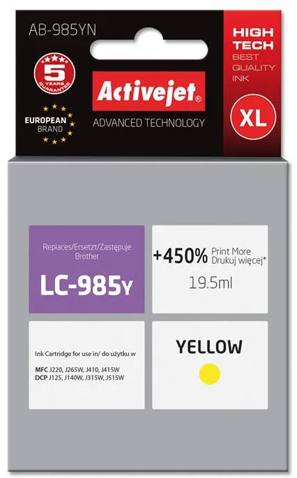 Cartus Imprimanta ACTIVEJET COMPATIBIL AB-985YN for Brother printer; Brother LC985Y replacement; Supreme; 19.5 ml; yellow