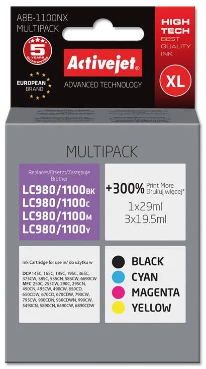 Cartus Imprimanta ACTIVEJET COMPATIBIL ABB-1100NX for Brother printer; Brother LC1100/LC980Y replacement; Supreme; 1 x 29 ml, 3 x 19.5 ml; black, magenta; cyan; yellow