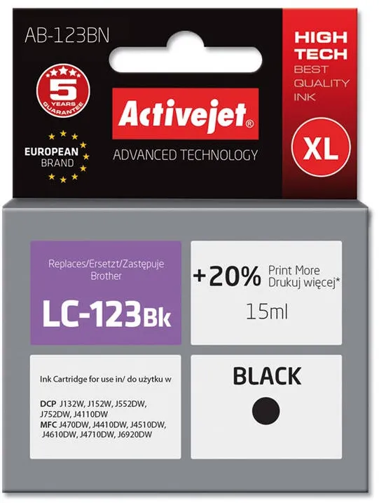 Cartus Imprimanta ACTIVEJET COMPATIBIL AB-123BN for Brother printer; Brother LC123Bk/LC121Bk replacement; Supreme; 15 ml; black