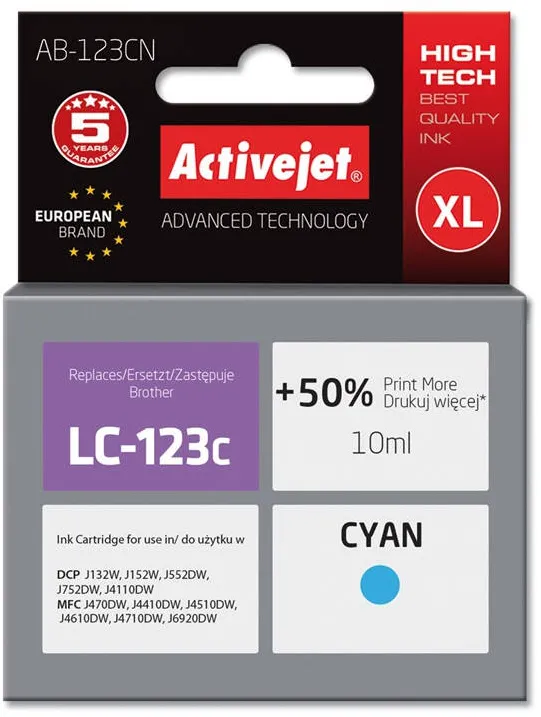 Cartus Imprimanta ACTIVEJET COMPATIBIL AB-123CN for Brother printer; Brother LC123C/LC121C replacement; Supreme; 10 ml; cyan
