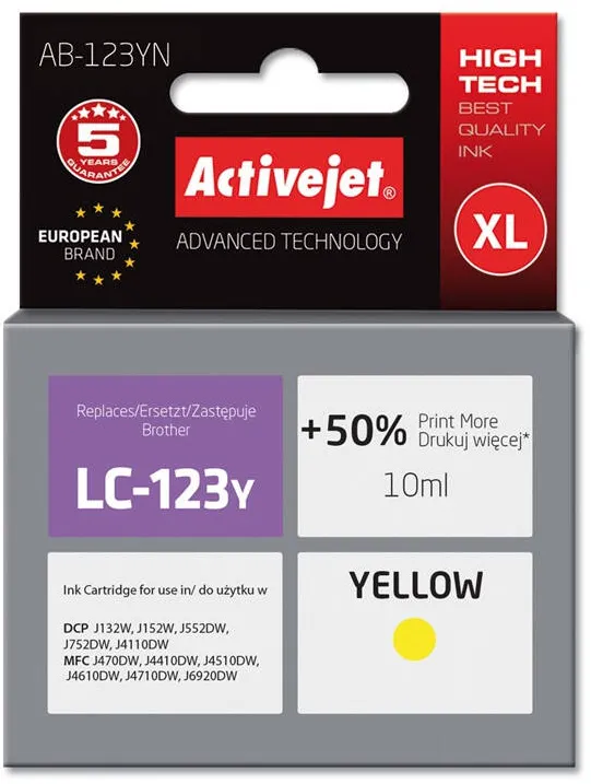 Cartus Imprimanta ACTIVEJET COMPATIBIL AB-123YN for Brother printer; Brother LC123Y/LC121Y replacement; Supreme; 10 ml; yellow