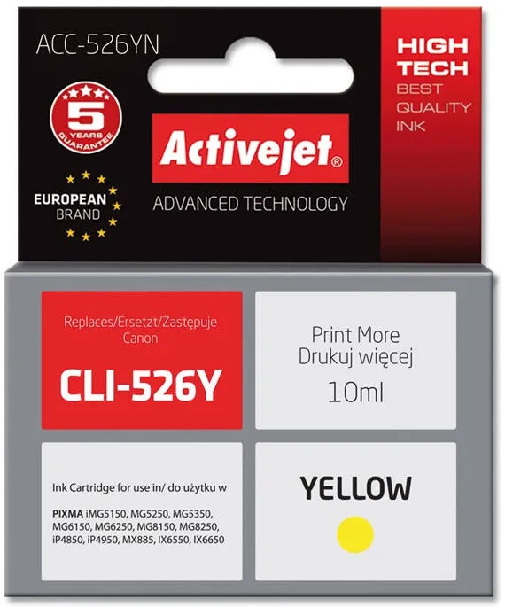 Cartus Imprimanta ACTIVEJET COMPATIBIL ACC_526YN for Canon printer; Canon CLI-526Y replacement; Supreme; 10 ml; yellow