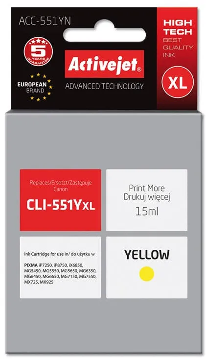 Cartus Imprimanta ACTIVEJET COMPATIBIL ACC-551YN for Canon printer; Canon CLI-551Y replacement; Supreme; 15 ml; yellow