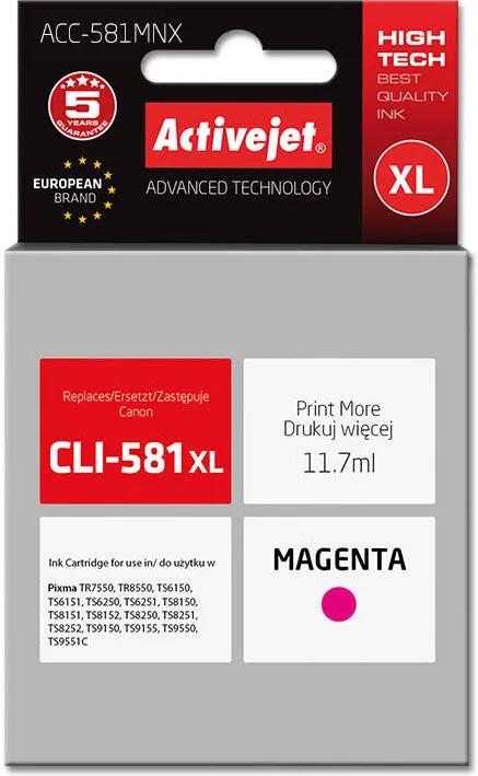 Cartus Imprimanta ACTIVEJET COMPATIBIL ACC-581MNX for Canon printer; Canon CLI-581M XL replacement; Supreme; 11.70 ml; magenta
