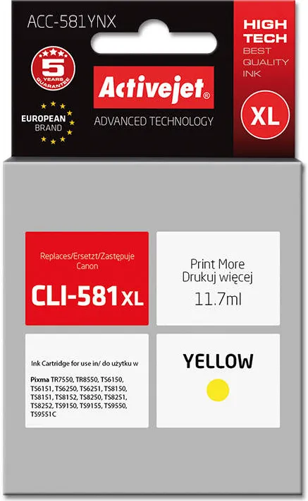 Cartus Imprimanta ACTIVEJET COMPATIBIL ACC-581YNX for Canon printer; Canon CLI-581Y XL replacement; Supreme; 11.70 ml; yellow